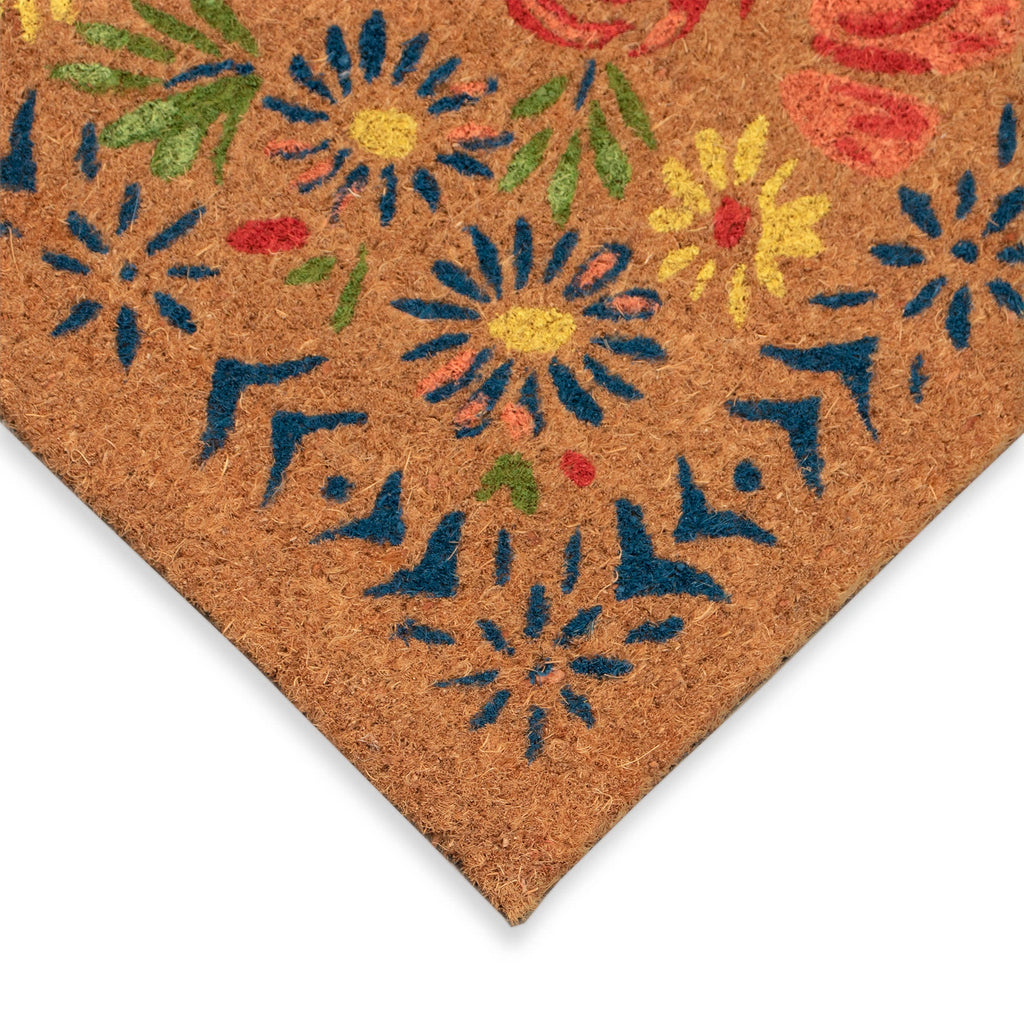 Natura Block Print Flowers Coir Doormat with Non-Slip Backing