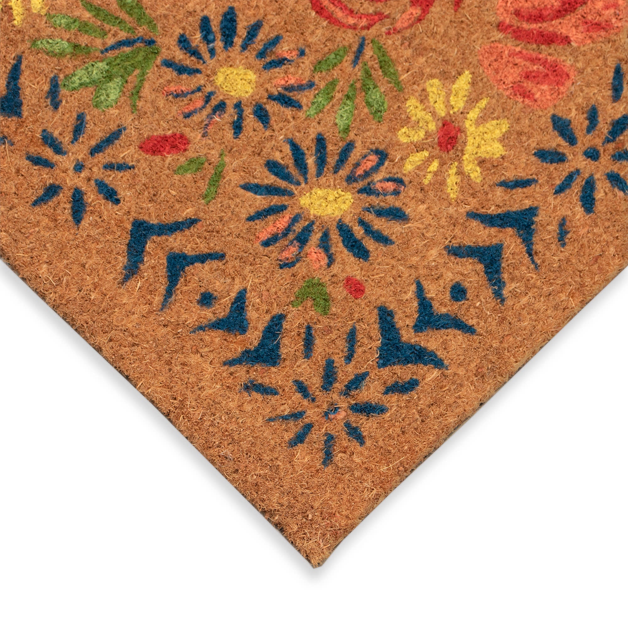 Natura Block Print Flowers Coir Doormat with Non-Slip Backing