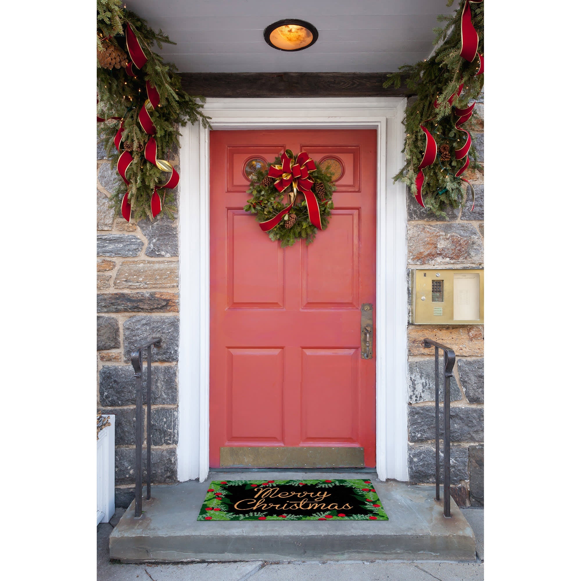 Natura Merry Christmas Holly Coir Doormat with Non-Slip Backing