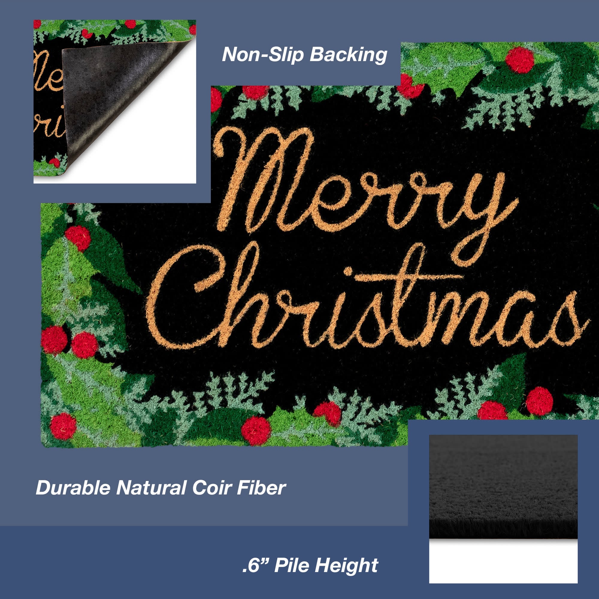 Natura Merry Christmas Holly Coir Doormat with Non-Slip Backing