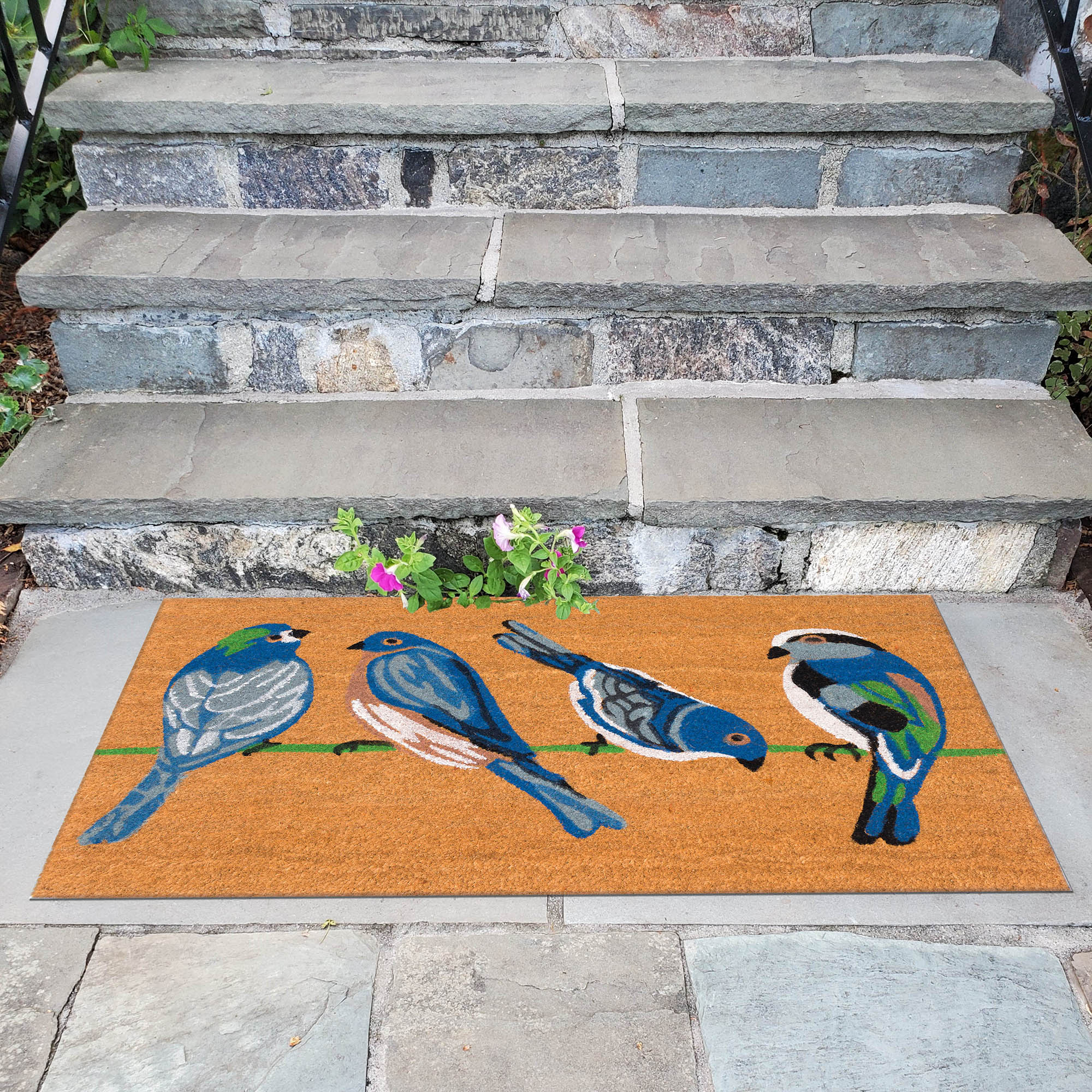 Natura Blue Birds Coir Doormat with Non-Slip Backing